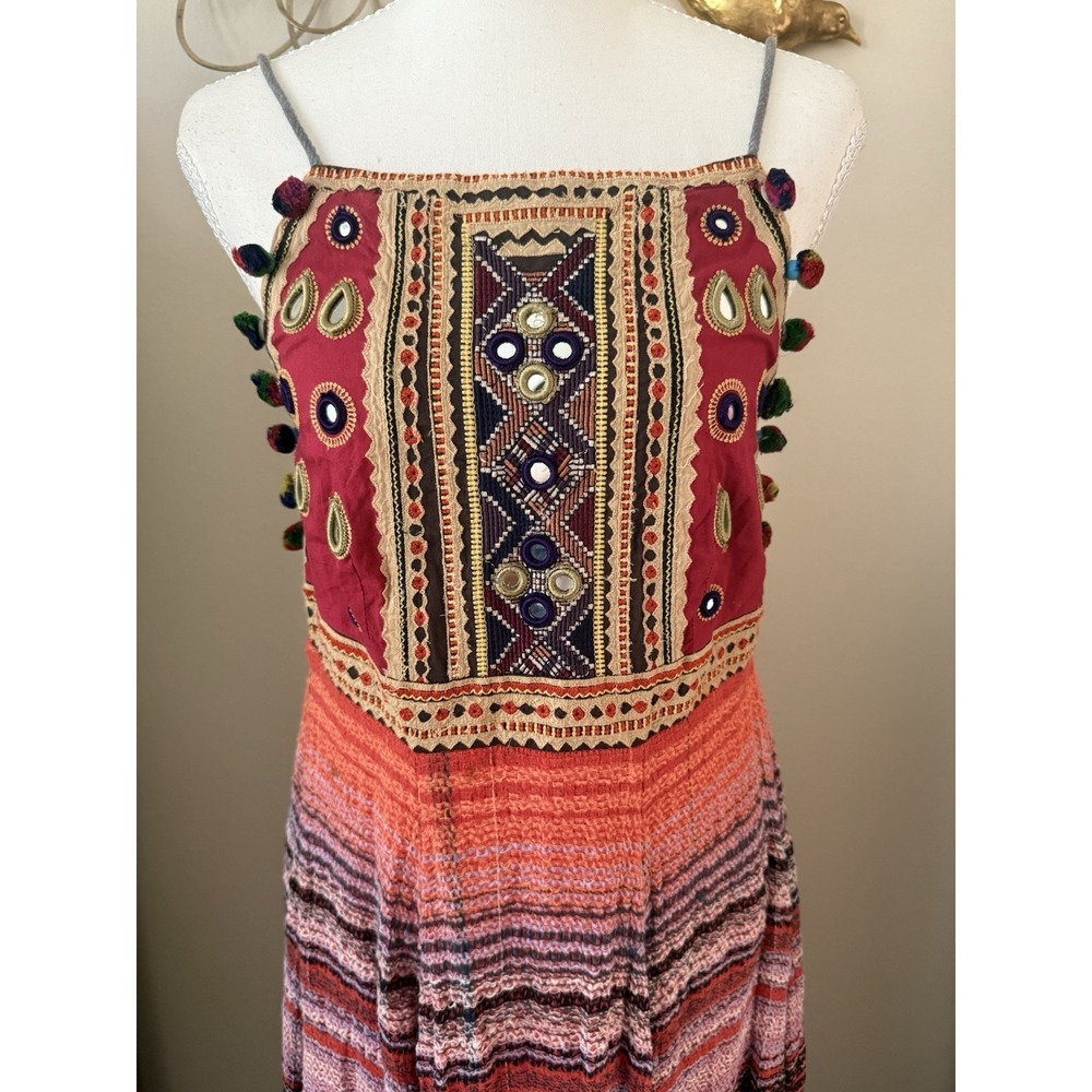Free People Regina Midi Dress XS Boho Embroidered Mirror Pom Pom Open Back - Picture 3 of 9